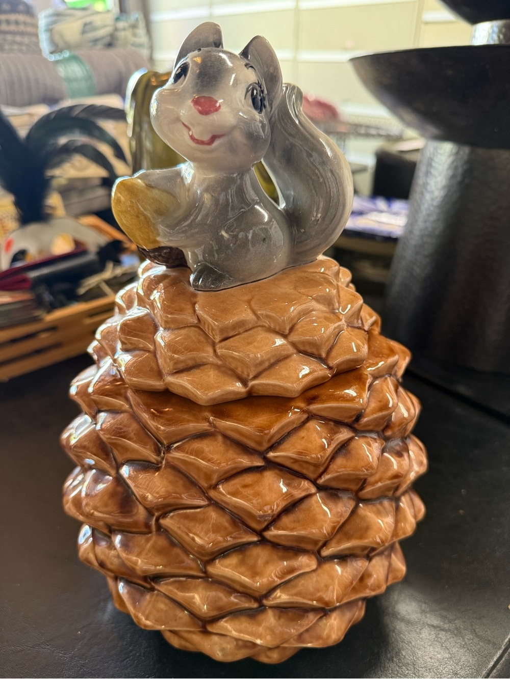 Vintage Gray Squirrel Sitting on Pinecone Ceramic Decorative Cookie Jar